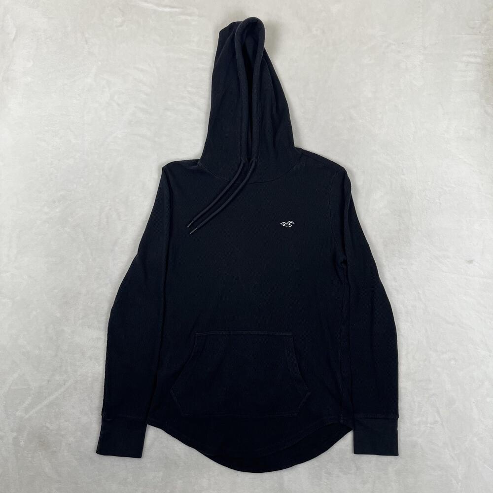 Hollister Hoodie Mens Small Black Thermal Waffle Knit Pullover Logo Long Sleeve